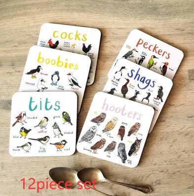 Set of 6 square bird pun coasters with PVC material, each featuring a different bird chart, 10x10x0.35 cm