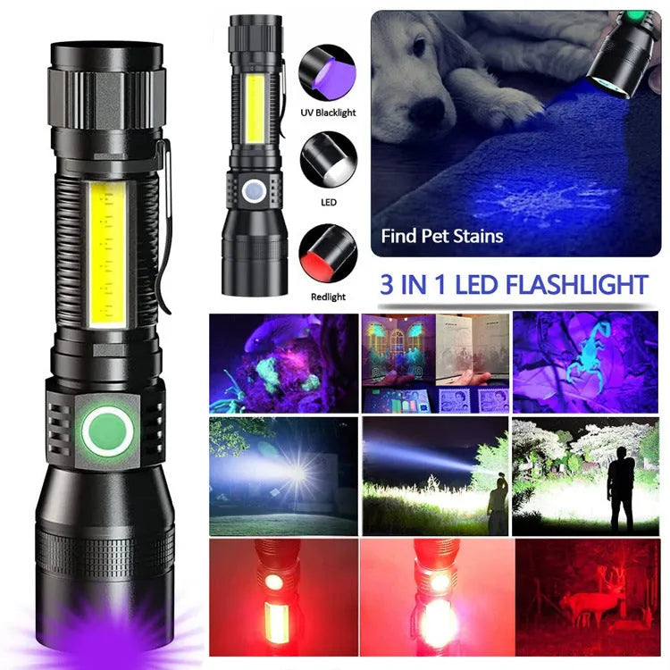Aluminium alloy multifunctional magnet USB rechargeable flashlight with 10W strong focus beam and 2000mAh battery on white background
