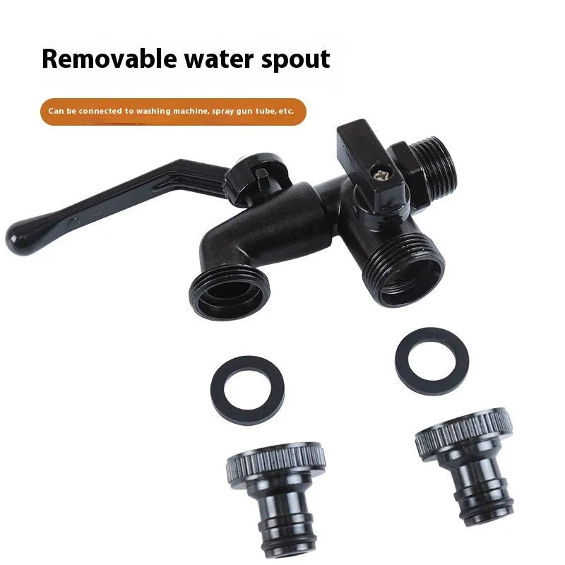 Black zinc alloy double water outlet garden nozzle faucet on white background