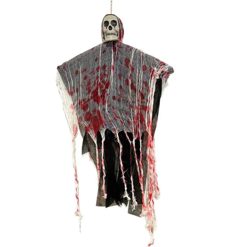 Plastic Halloween hanging ghost ornament with luminous blood-dyed skull.