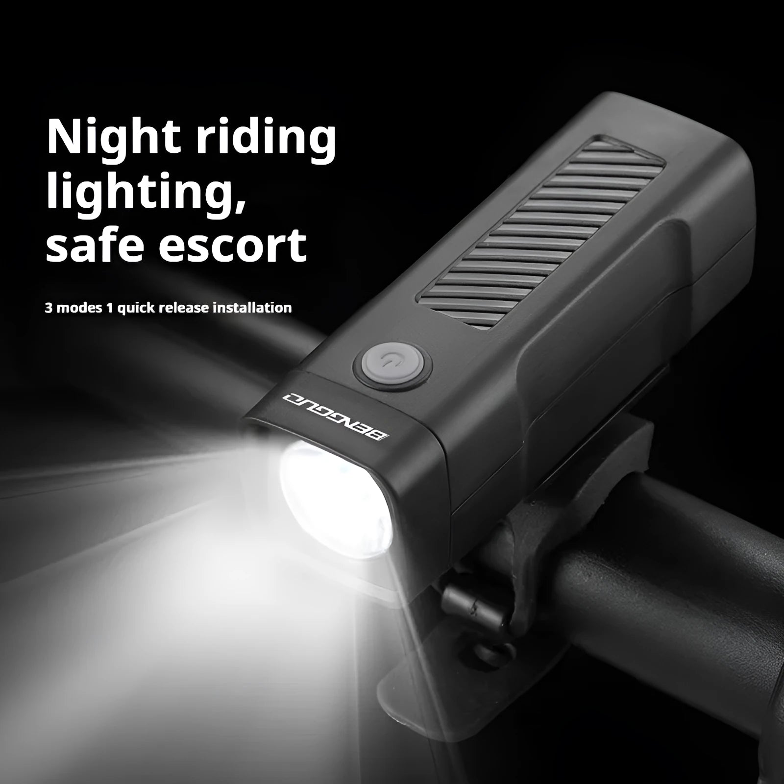 USB rechargeable bicycle headlight with LED lamp and quick release strap bracket on handlebars.