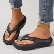 Women's black thick-soled EVA flip-flops with a non-slip sole pattern