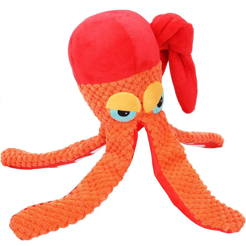 Orange squeaky octopus plush dog toy with creased paper, 180x100x300mm, 153g, for chewing and teeth grinding