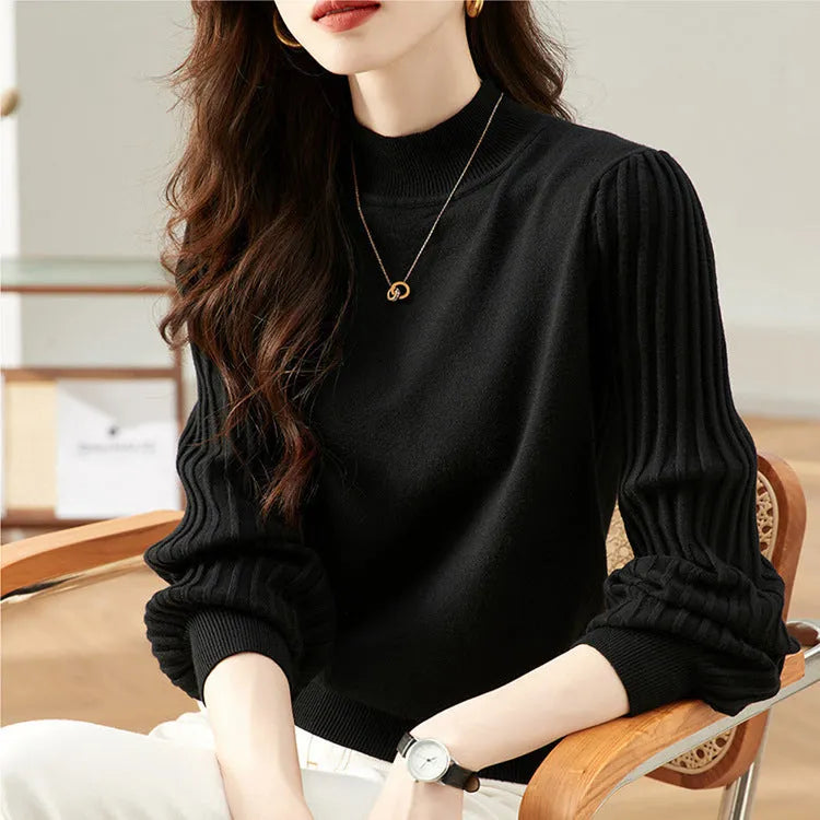 Women's slim fit half turtleneck striped shirt in apricot colour on a hanger