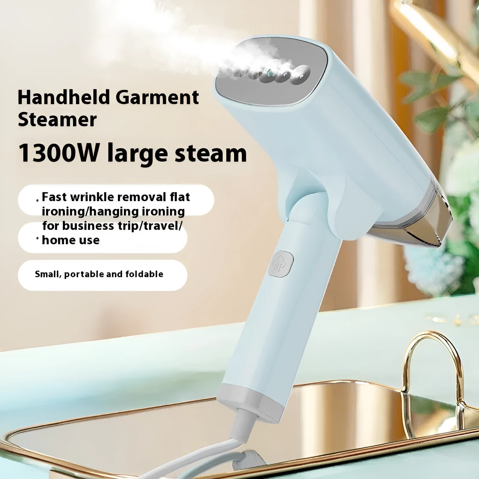 Blue handheld garment steamer with water tank and temperature control buttons