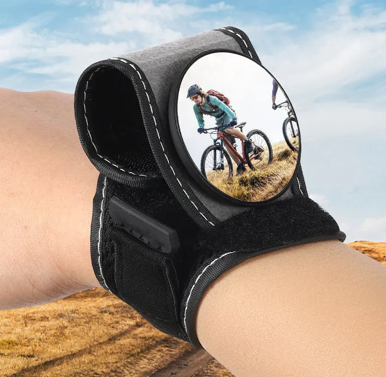 Black nylon bicycle wrist rear-view mirror for cycling safety and improved rearward visibility