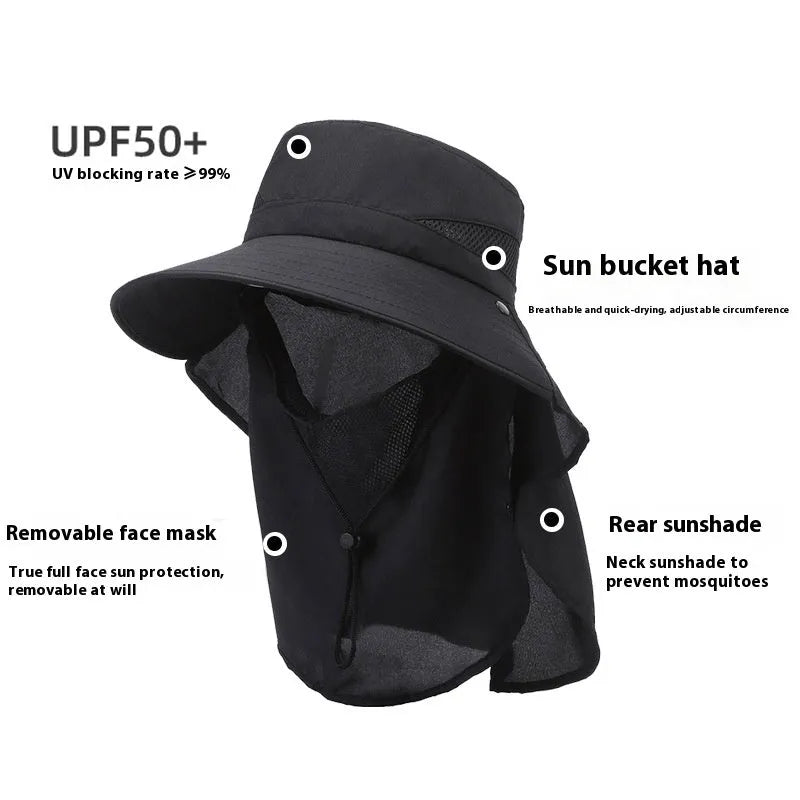 Men's khaki polyester fisherman hat with wide brim on a wooden fence, showing adjustable inner drawstring.