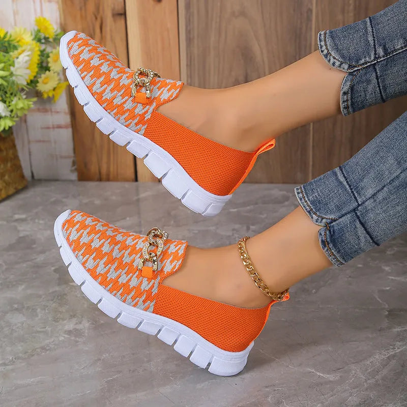 Casual Houndstooth Print Chain Mesh Shoes Summer Walking Sports Flat Shoes Women Breathable Loafers with Metal Detail Rubber Sole Low Heel Platform Round Toe