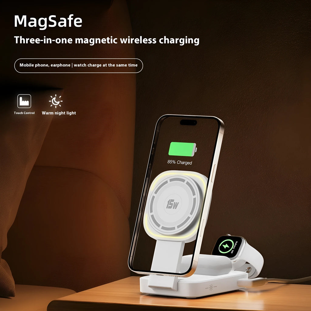 C40 foldable three-in-one wireless charger for mobile phone earphone and Apple Watch in black on a desk
