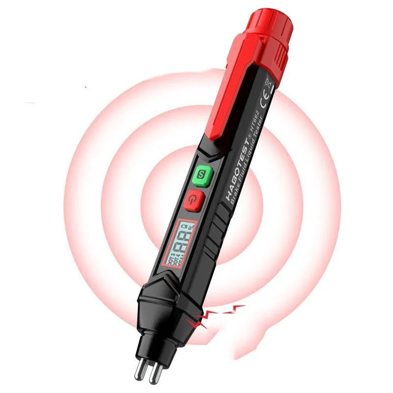 Digital brake fluid tester with display screen, batteries, and colour box packaging