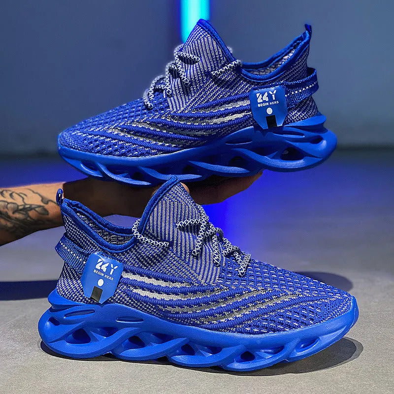 Men's blue mesh casual sneakers with platform sole and stitching details