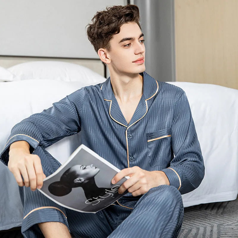 Men's ice silk pyjama set with blue long sleeve V-neck top and trousers in sizes L to 3XL