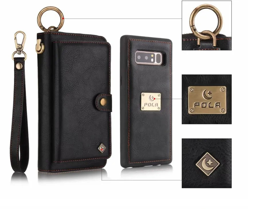 Black imitation leather phone case with a zippered wallet compartment, shown next to a credit card.