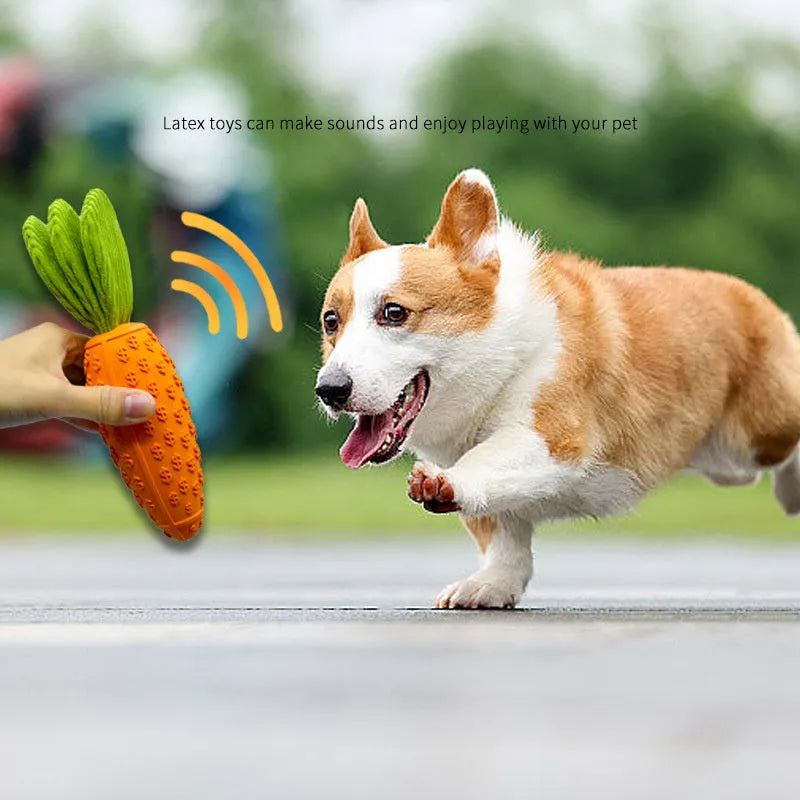 Orange carrot-shaped rubber and plush dog chew toy with squeaker, 21x5x5cm, on a solid background.