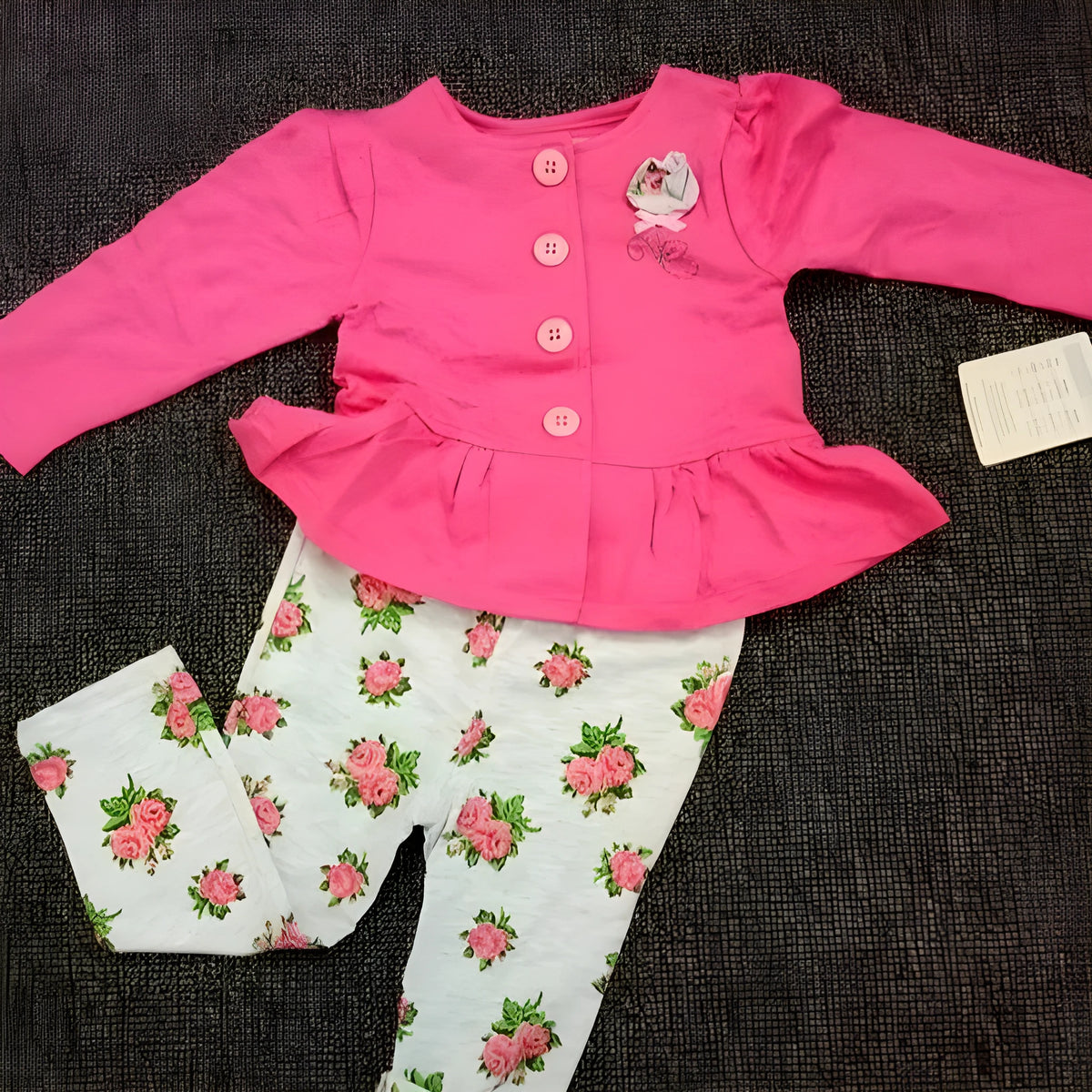 Girls' floral coloured cotton two-piece suit in rose red with single-breasted top and matching pants, sizes 18M and 24M