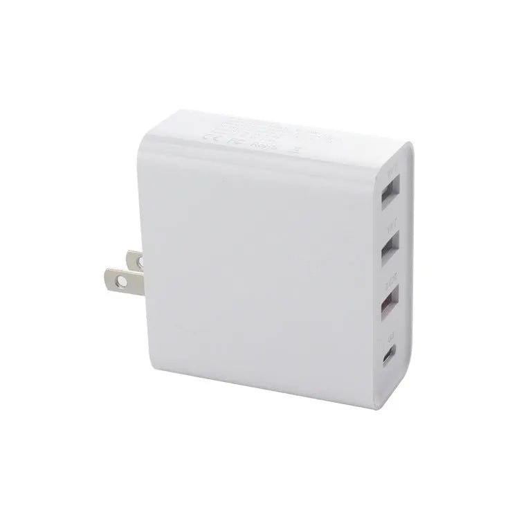 Black 48W USB-C wall charger with four Type-C ports and a UK 3-pin plug on a white background.