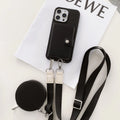 Slim black PC leather iPhone case with a built-in card slot and a lanyard loop on the corner.