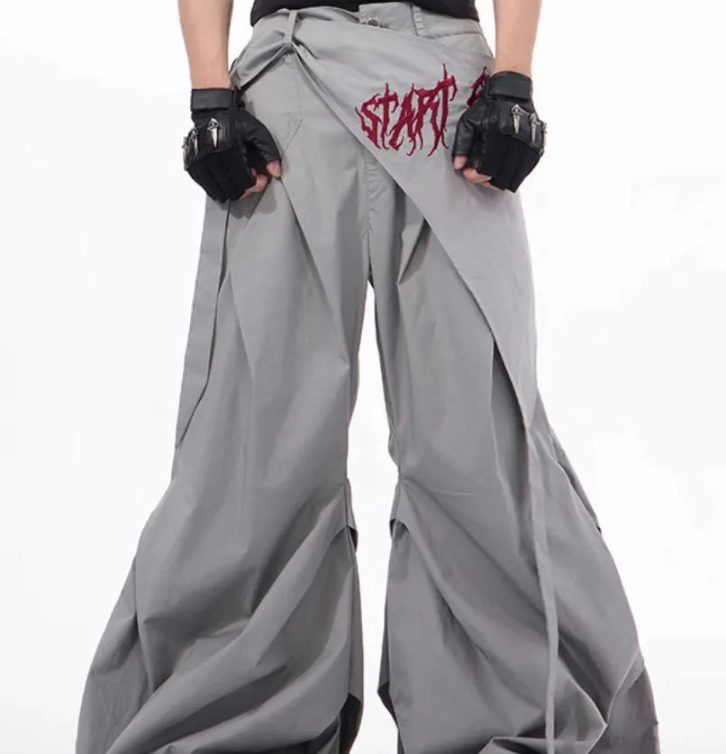 Korean style wide-leg function pants for boys in black solid colour with relaxed fit