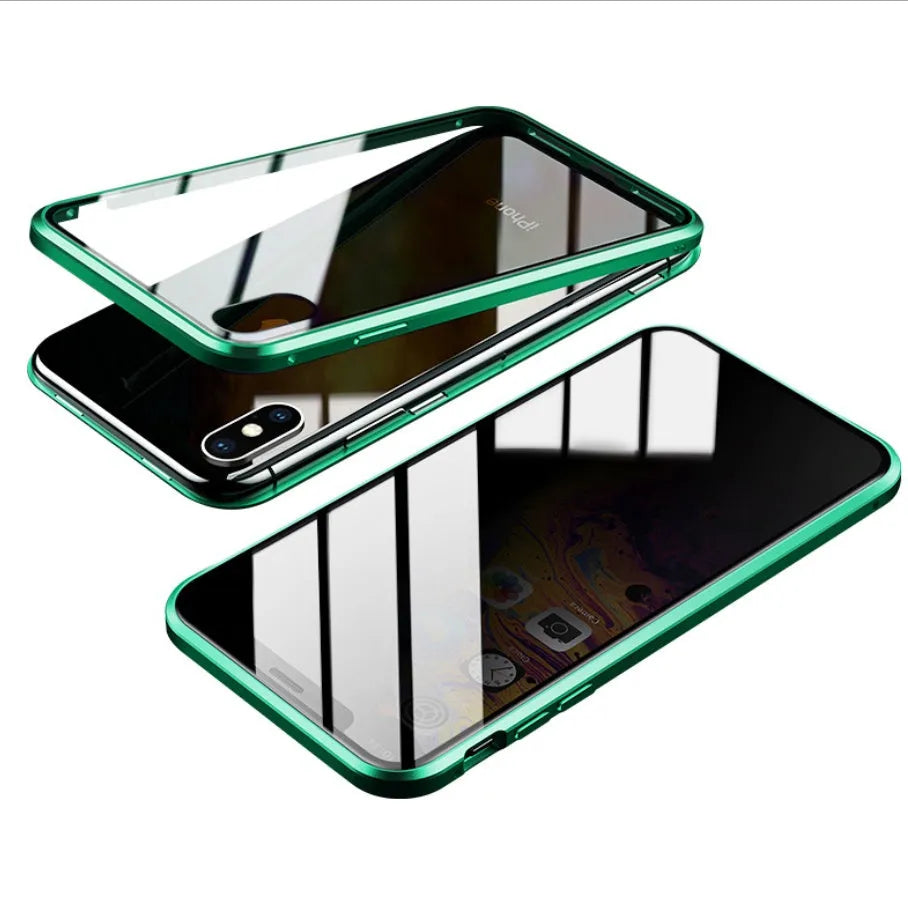 Machined glass clamshell anti-spy phone case in black, shown closed and open next to an iPhone.
