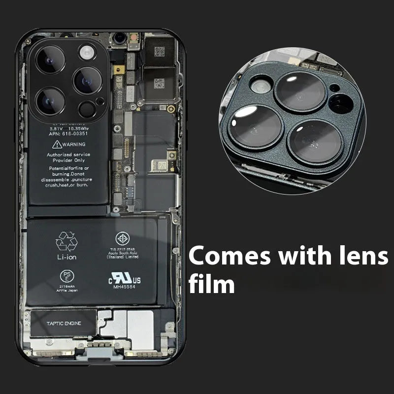 Black glass phone case with creative circuit board design and included lens protector for iPhone