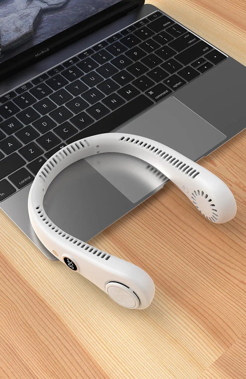 Blue bladeless USB rechargeable neck fan hanging on a person, showing the flexible neckband.