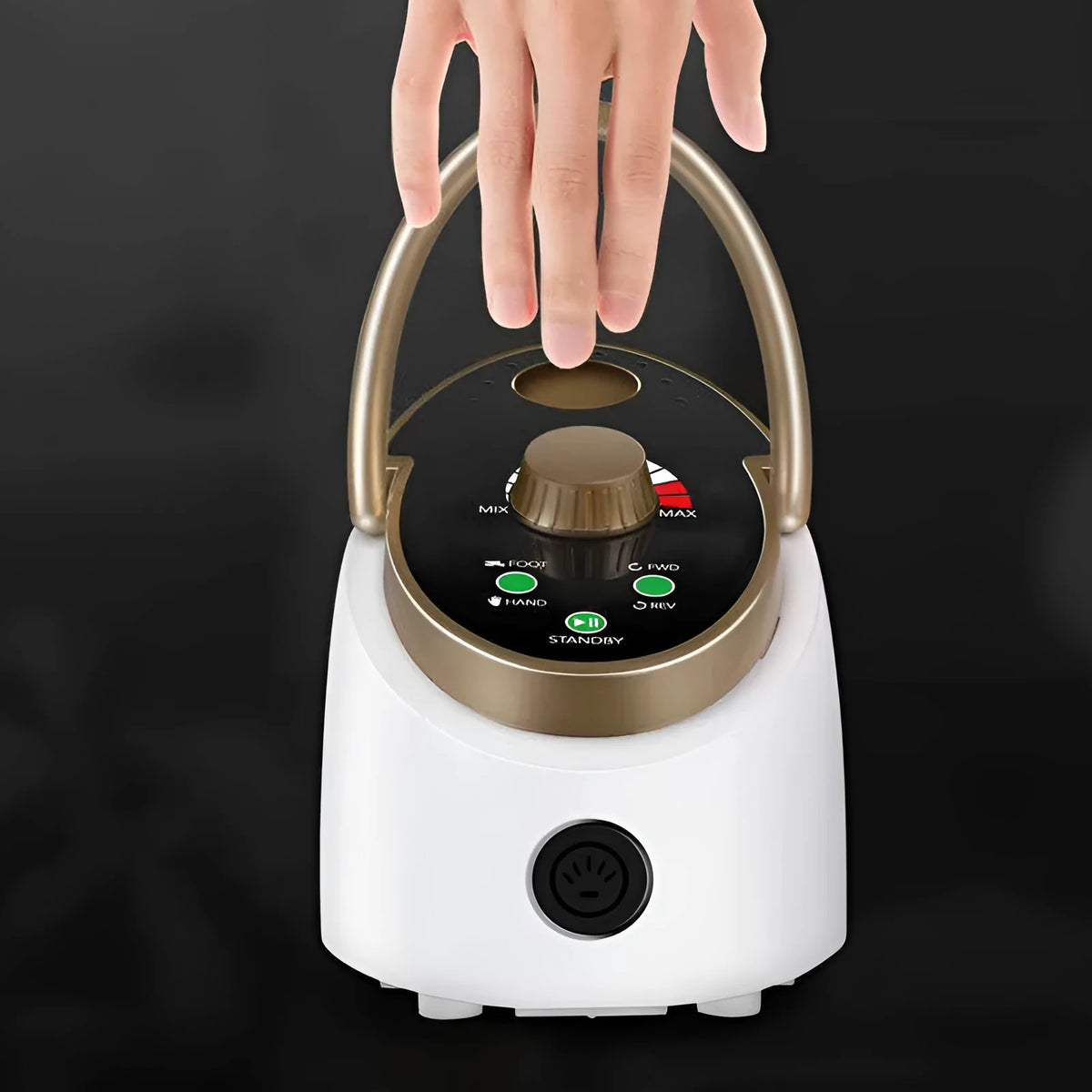 White electric nail polishing machine, 60W, 0 to 35000RPM infinitely variable speed, forward and reverse rotation, with touch button and speed display.