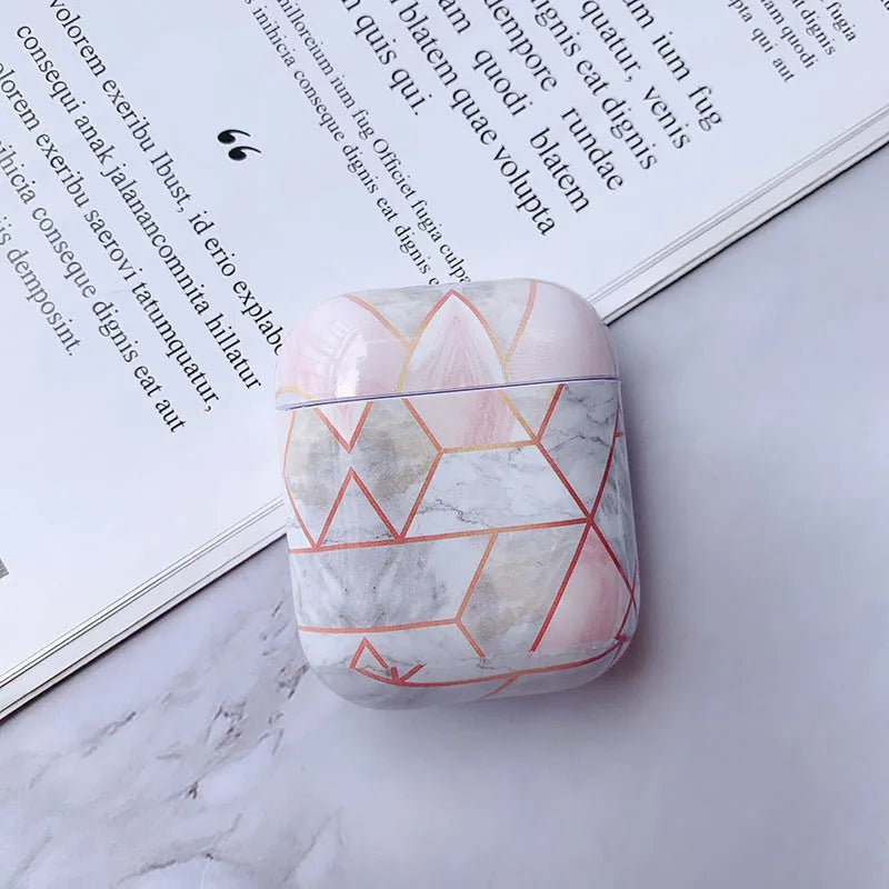 White marble hard PC protective case cover for Apple AirPods 1 and AirPods 2 wireless earphones.