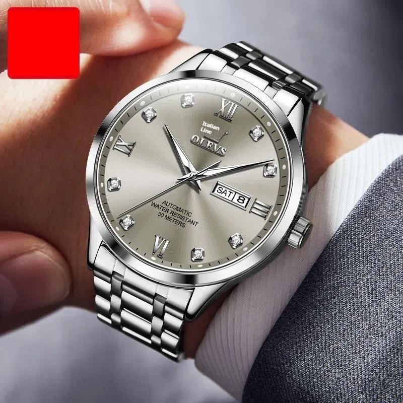 Men's waterproof automatic mechanical watch with 13mm stainless steel case and bracelet on white background