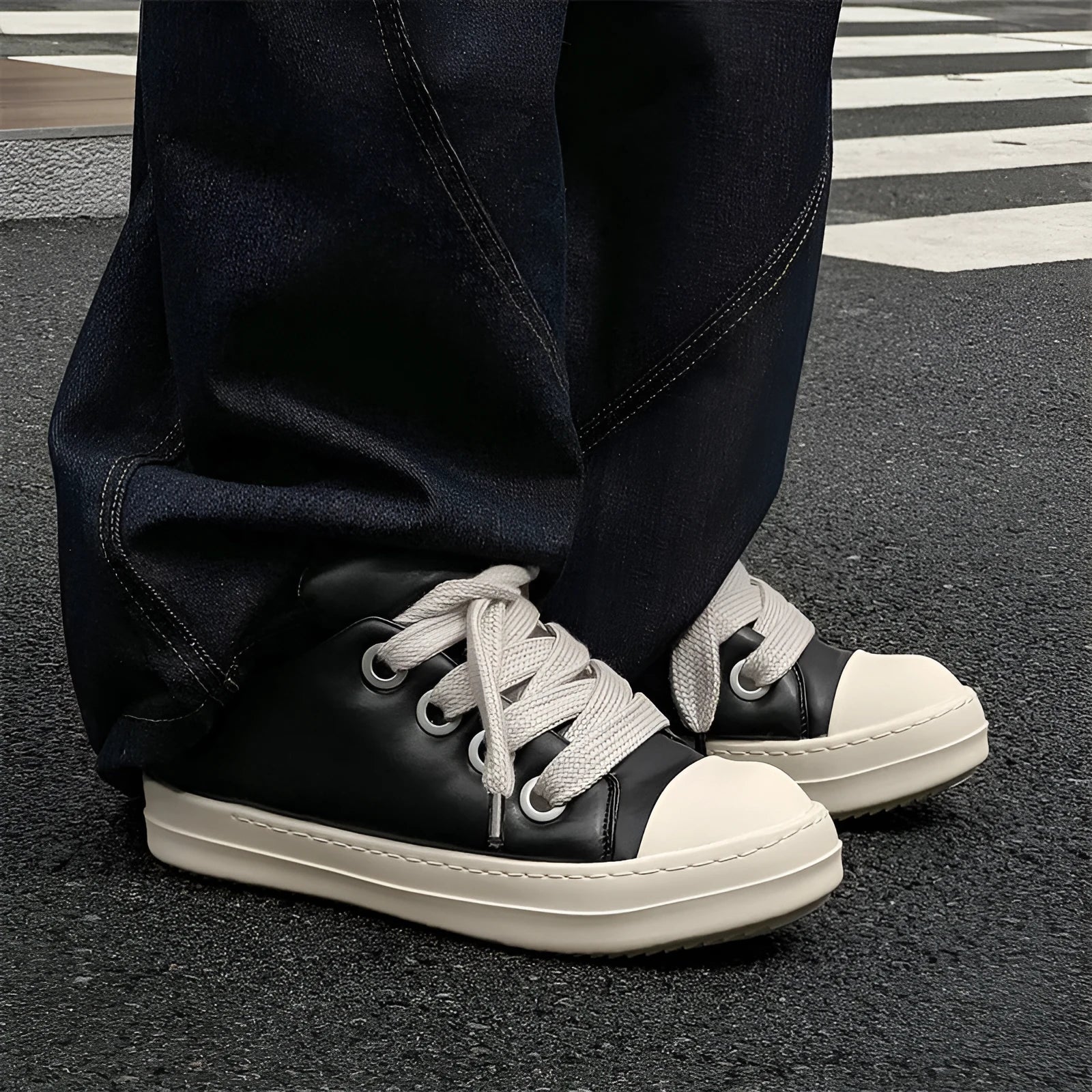 Black men's slip-on casual leather shoes with front lace-up and rubber soles