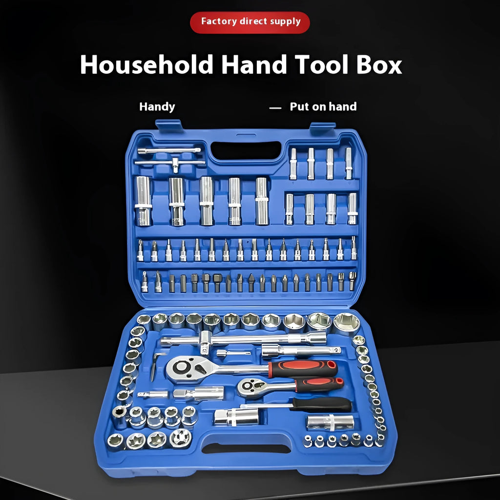 82-piece auto repair tool set with ratchet wrench and combination tools in a galvanised blue case