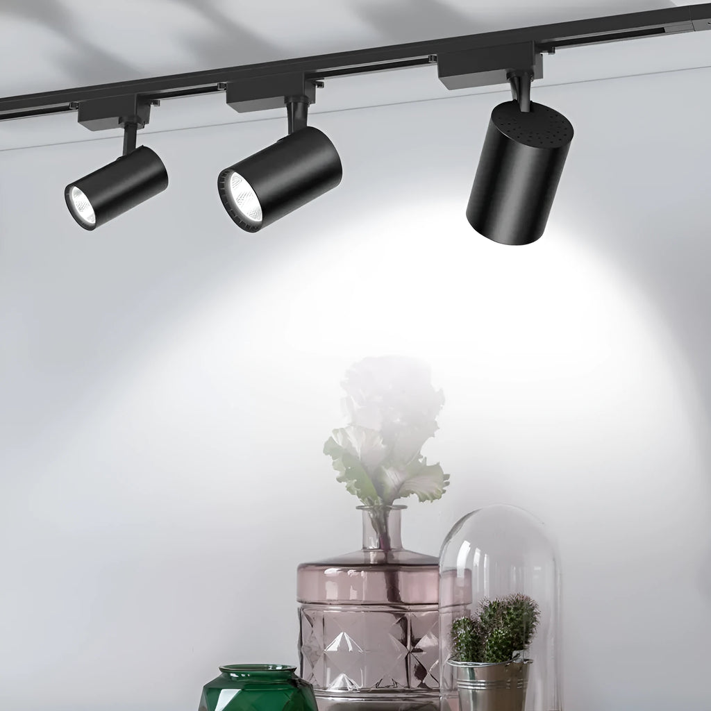 LED track spotlight in black with 24-degree beam angle and 10W power, suitable for jewellery and retail lighting