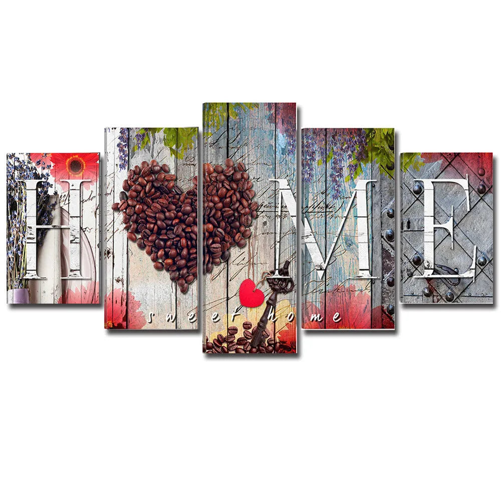 Set of five red unframed oil painting canvases in various sizes for wall decoration.