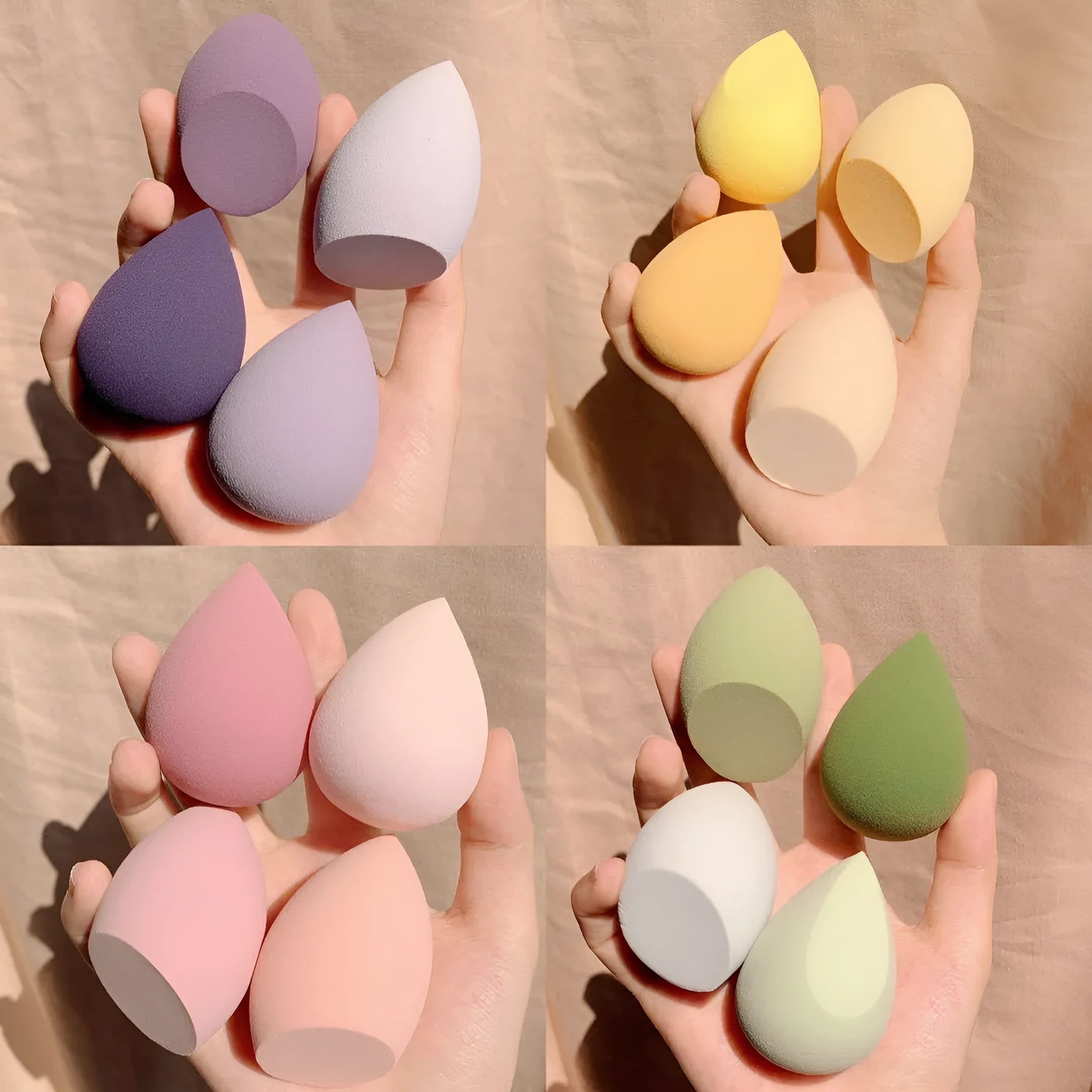 Four makeup egg beauty blenders in grape, mango, mint, and peach colours, each approximately 6cm in size