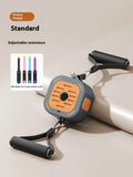 Navy blue and orange adjustable hydraulic chest expander pump on grey floor, showing ergonomic handles.