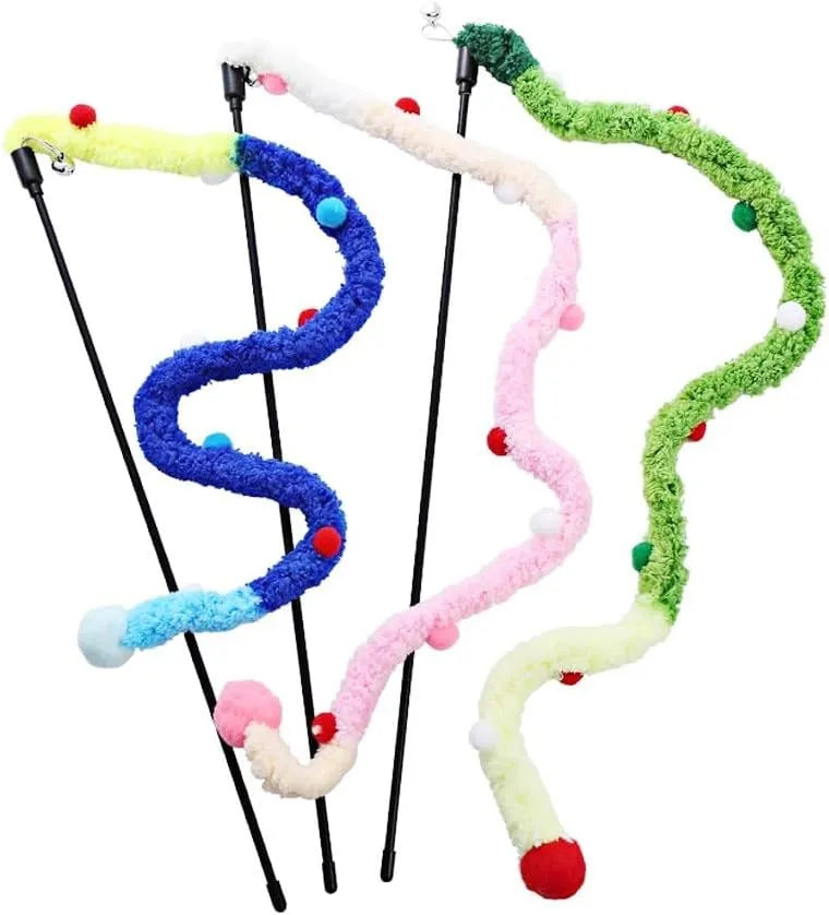Cat wand toy with long plush strip and colourful ball featuring bells for interactive indoor play