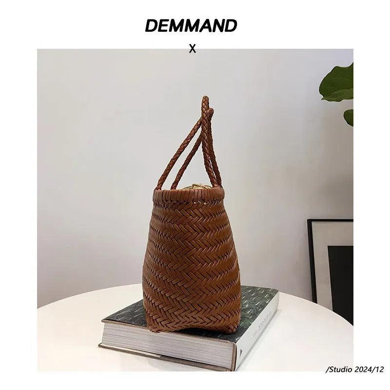 Genuine leather bucket handbag in black, brown, coffee, or white, available in 40x22x15cm and 35x19x14cm sizes