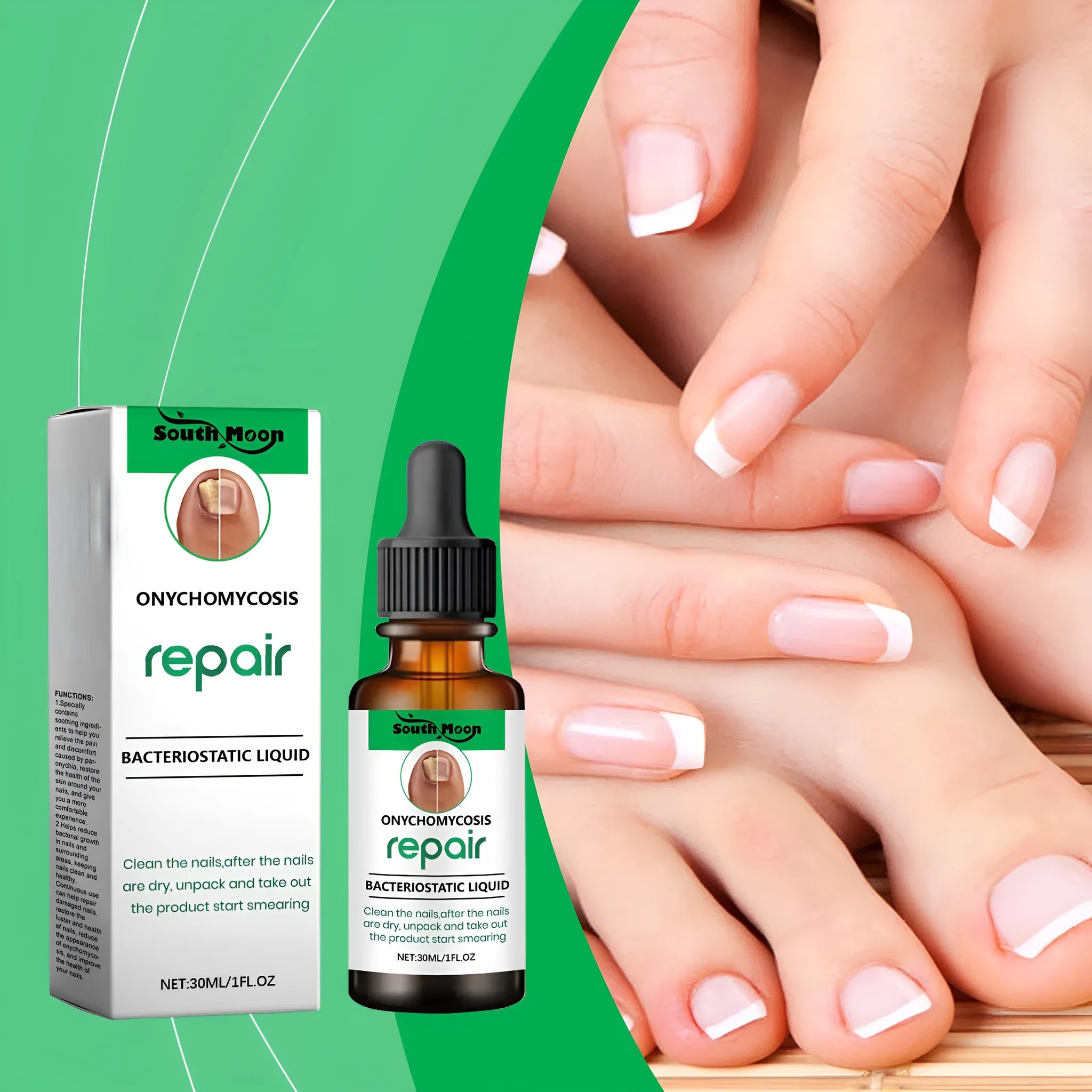 30ml bottle of clear nail care solution for gentle daily cleaning