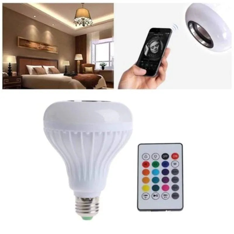White Bluetooth speaker LED light bulb with E27 screw base for colour changing lighting and wireless audio.