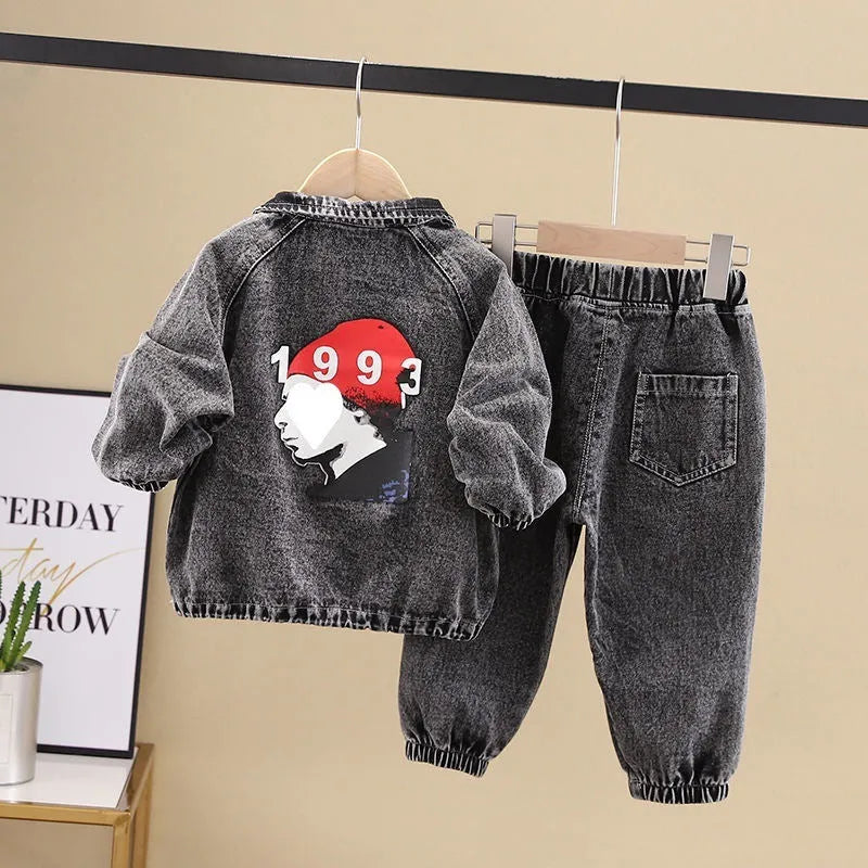 Boys' black denim two-piece suit set with long sleeves and coordinated trousers