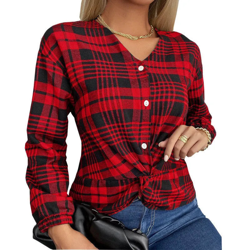 Women's purple plaid casual shirt with loose fit and regular sleeves on hanger