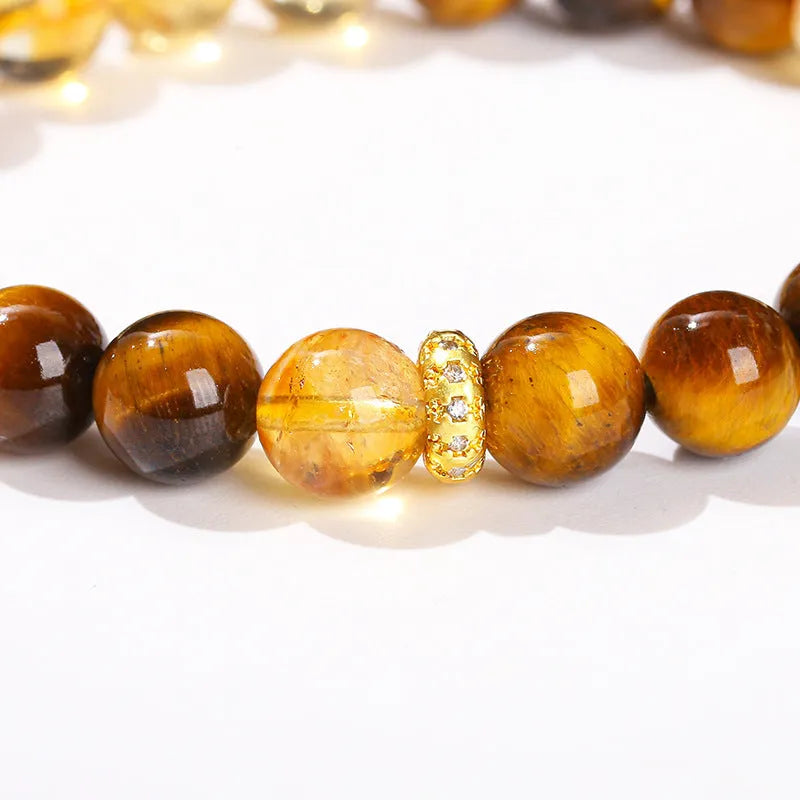 Natural yellow tiger eye crystal bracelet with 8mm geometric beads and mixed tower design
