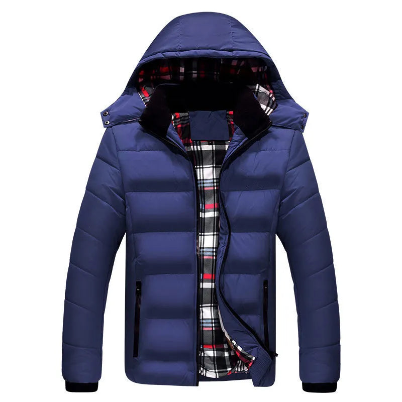 Men's mid-length sports down cotton jacket in red, black or dark blue, sizes L to 6XL, nylon blend cardigan style