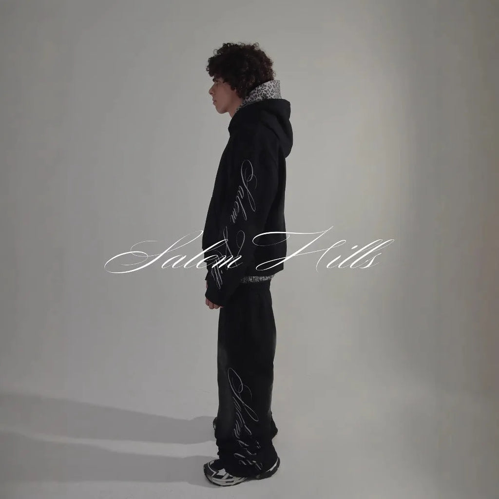 Men's punk print pullover hoodie and trousers set with fleece lining
