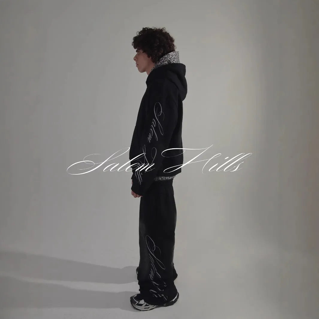 Men's punk print pullover hoodie and trousers set with fleece lining
