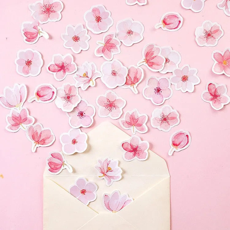 Sakura Story romantic sticker DIY material, 45 self-adhesive paper sheets in pink watercolor design