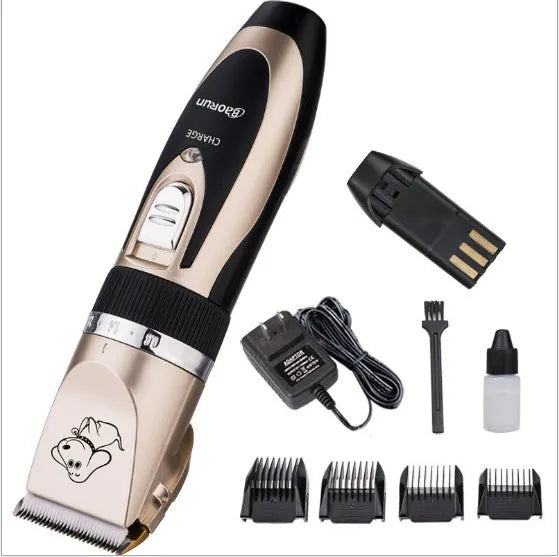 Golden cordless pet grooming clipper, 180mm x 45mm, with ceramic titanium blade, four guide combs and EU plug charger