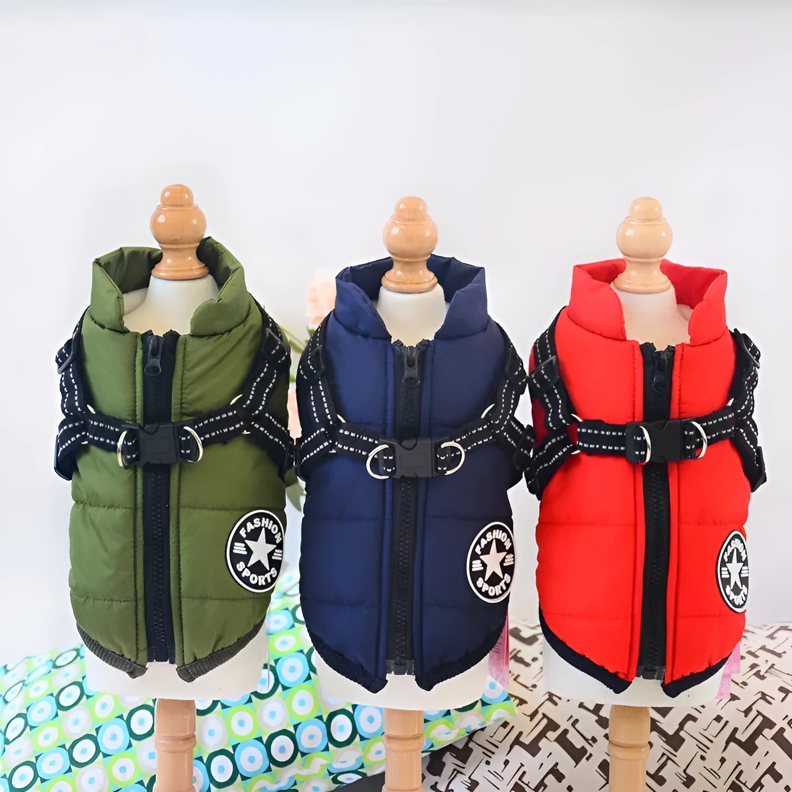 Small dog wearing a waterproof winter hooded coat jacket with reflective trim, adjustable strap, and high-quality zipper in blue colour