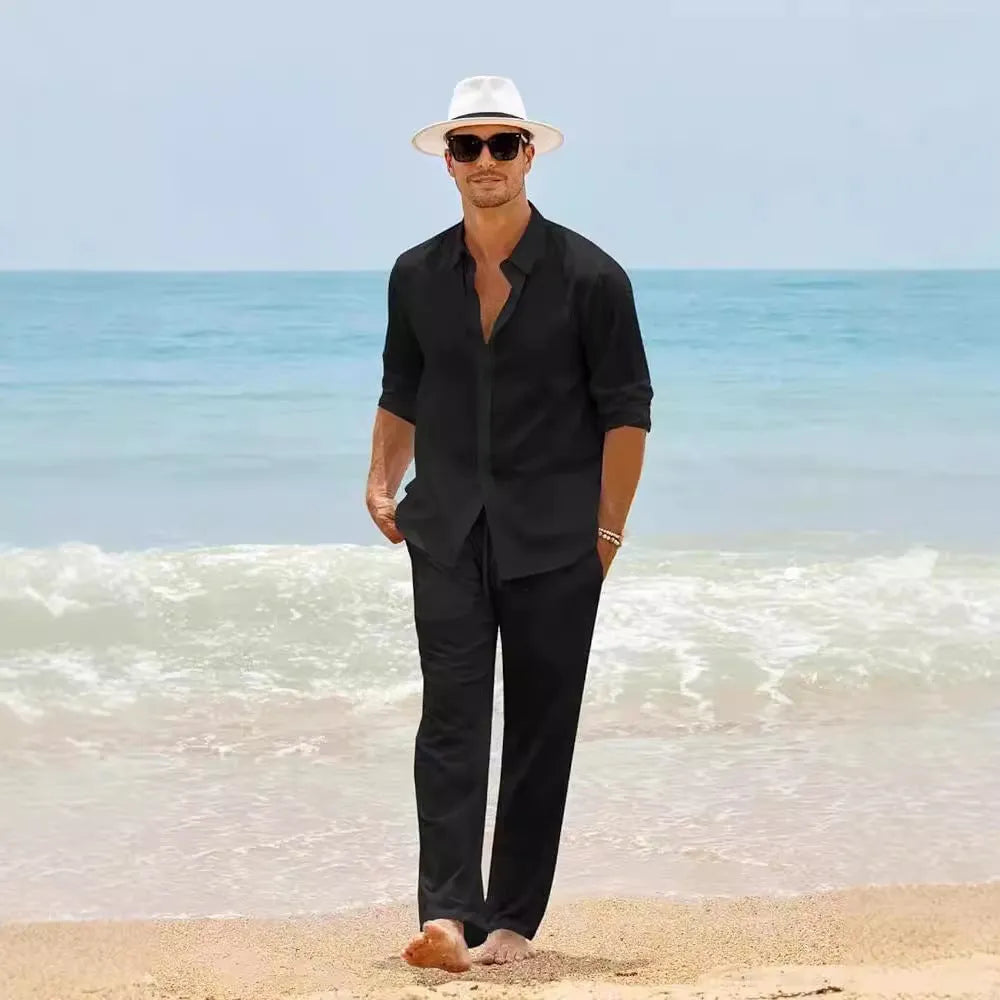 Men's cotton casual long sleeve top and trousers set in gray, available in sizes S to XXXL