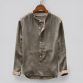 Men's solid colour casual cotton linen shirt on hanger, available in dark blue, grey, yellow, green, and khaki.