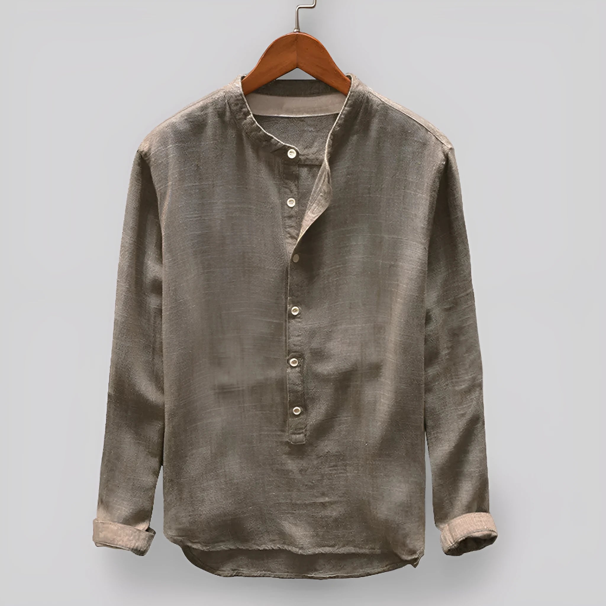 Men's solid colour casual cotton linen shirt on hanger, available in dark blue, grey, yellow, green, and khaki.
